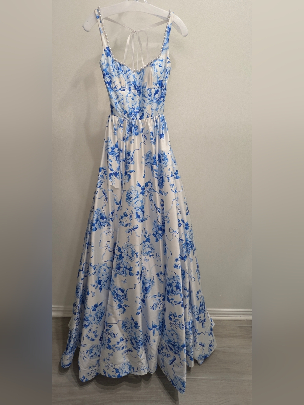 Sherri Hill White Maxi Dress with Blue Floral Print